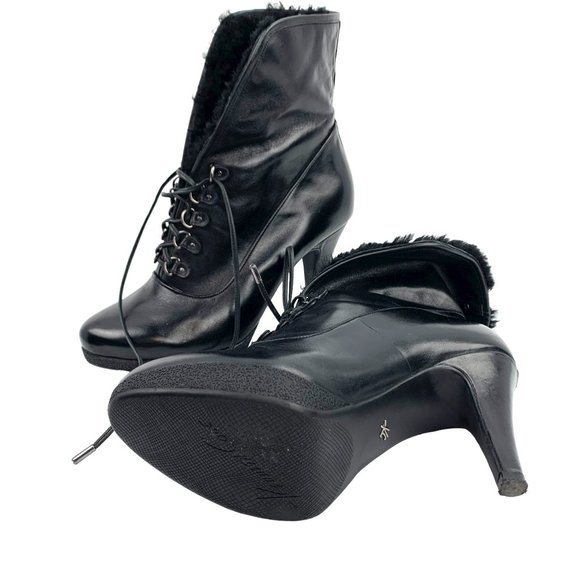 KENNETH COLE NY Mason Black Leather Fold Over Faux Fur Booties - Picture 10 of 11